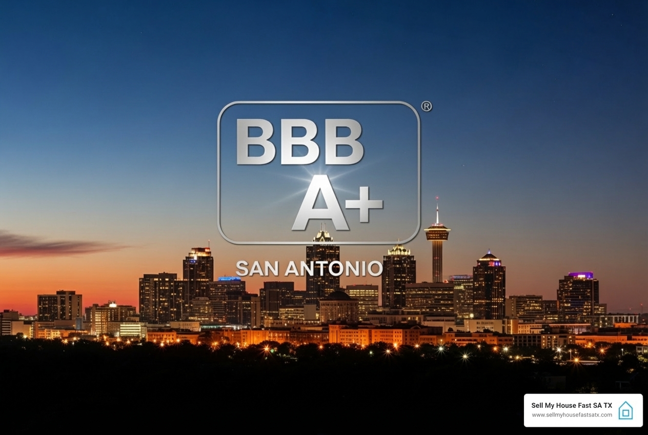 BBB A+ rating logo with San Antonio skyline - sell my house fast near me