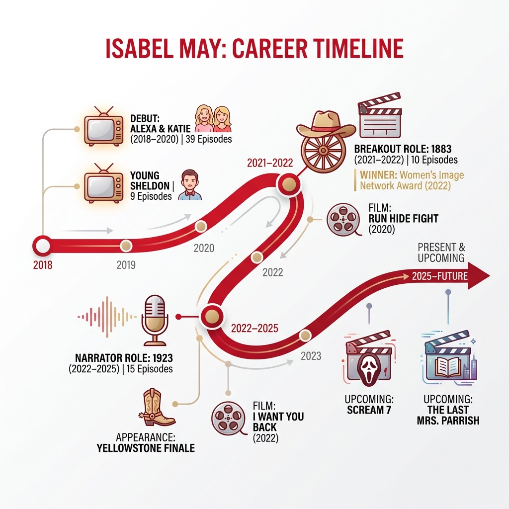 Infographic showing Isabel May's career timeline from 2018 to present, including her debut in Alexa & Katie (39 episodes, 2018-2020), Young Sheldon (9 episodes), breakout role in 1883 (10 episodes, 2021-2022), narrator role in 1923 (15 episodes, 2022-2025), appearance in Yellowstone finale, films including Run Hide Fight and I Want You Back, and upcoming projects Scream 7 and The Last Mrs. Parrish - isabel may infographic 