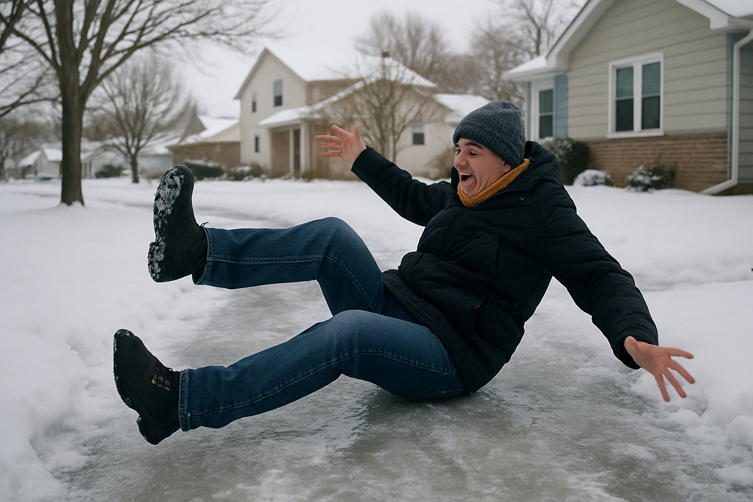 person slipping on icy walkway - snow removal service near me