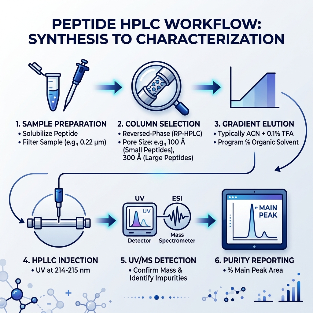 Infographic: Peptide HPLC workflow from synthesis to characterization — sample prep, column selection, gradient elution