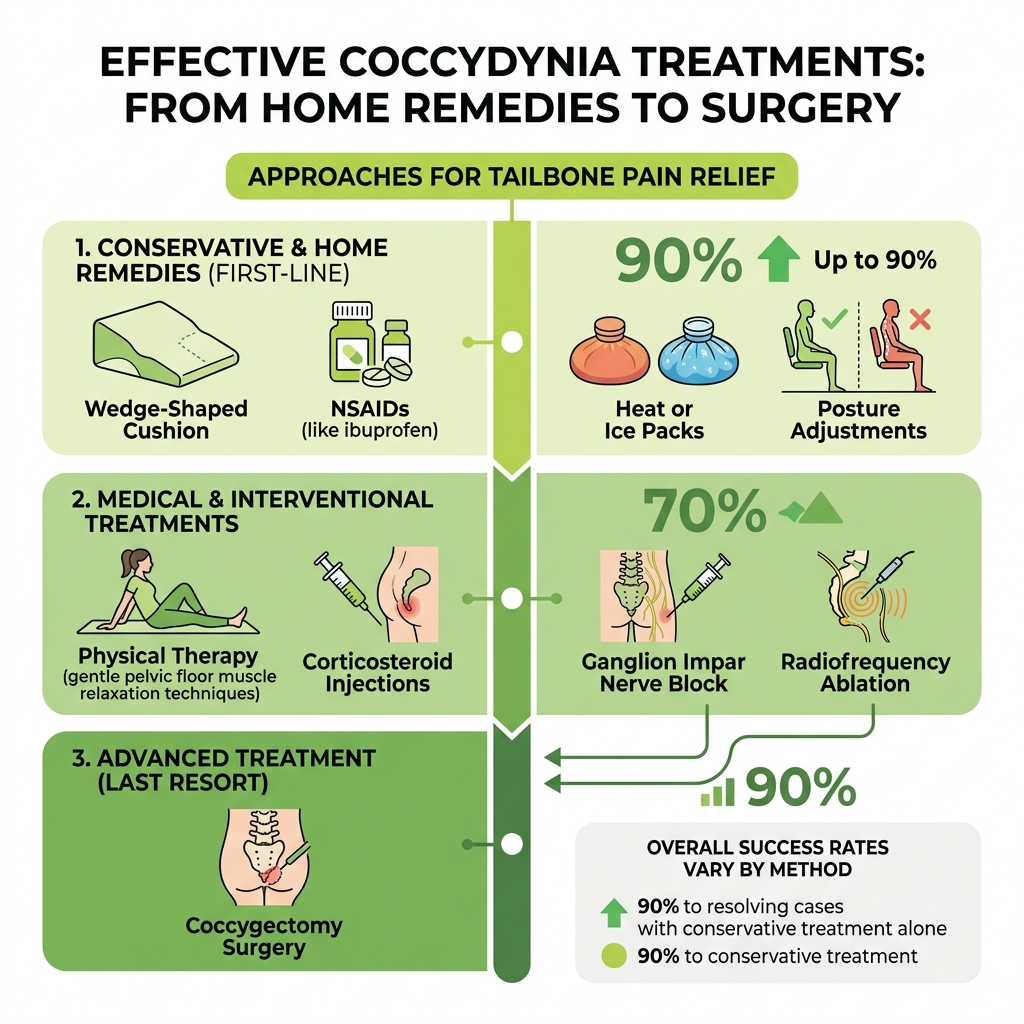 Infographic showing coccydynia treatments from home remedies to surgery with success rates - Coccydynia pain treatment