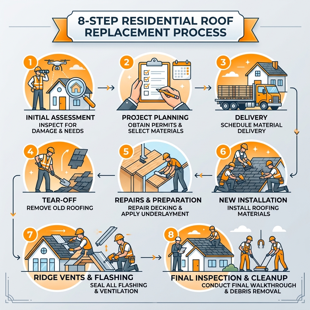 8-step residential roof replacement process infographic for homeowners - residential roofing contractors in my area