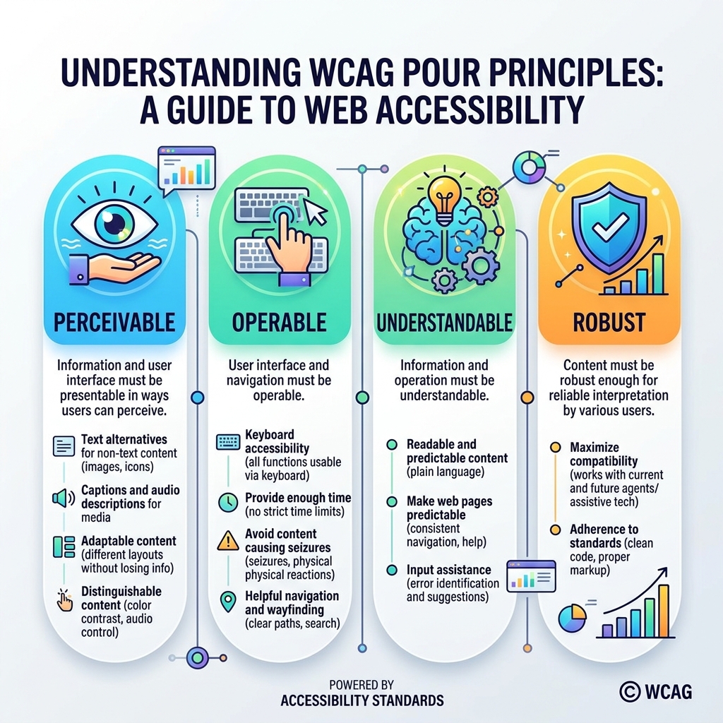 Infographic showing WCAG POUR principles: Perceivable, Operable, Understandable, Robust with key criteria - ada compliance Infographic showing WCAG POUR principles: Perceivable, Operable, Understandable, Robust with key criteria - ada compliance