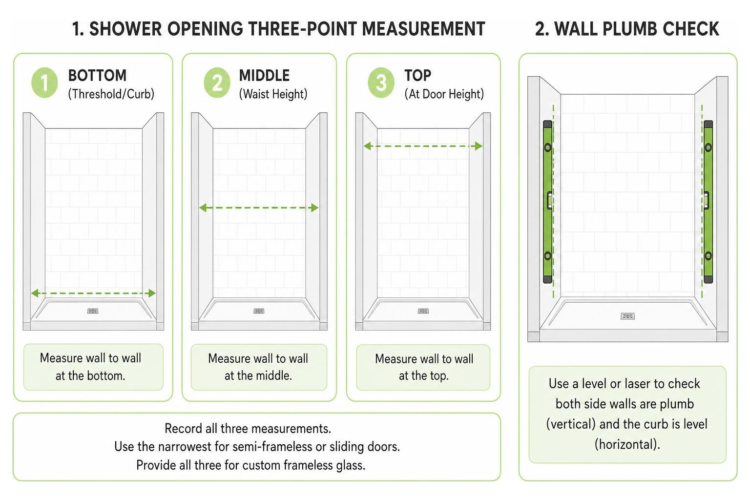 Shower opening three-point measurement process and wall plumb check Shower opening three-point measurement process and wall plumb check