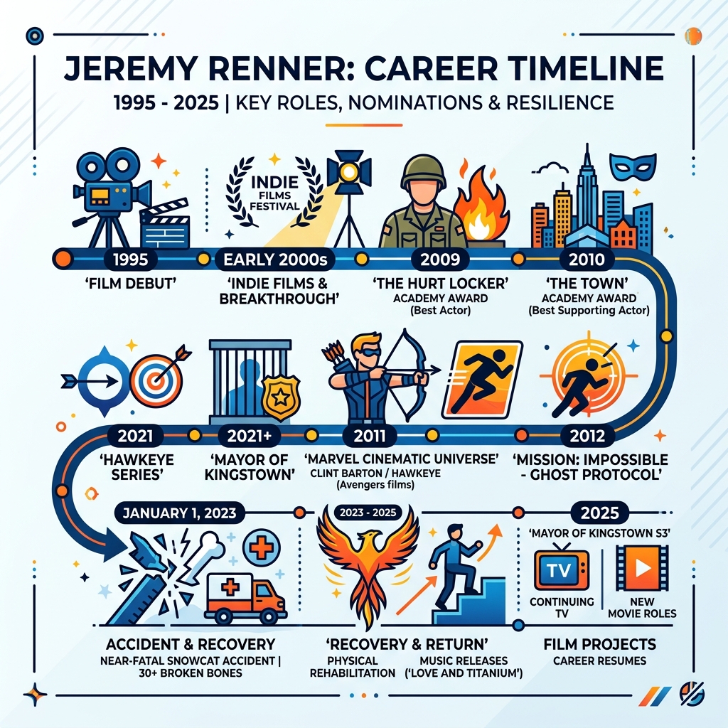 Jeremy Renner career timeline infographic from 1995 to 2025 including key roles, nominations, accident, and recovery