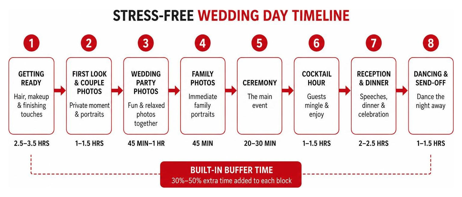 A step-by-step diagram of a stress-free wedding day timeline flow