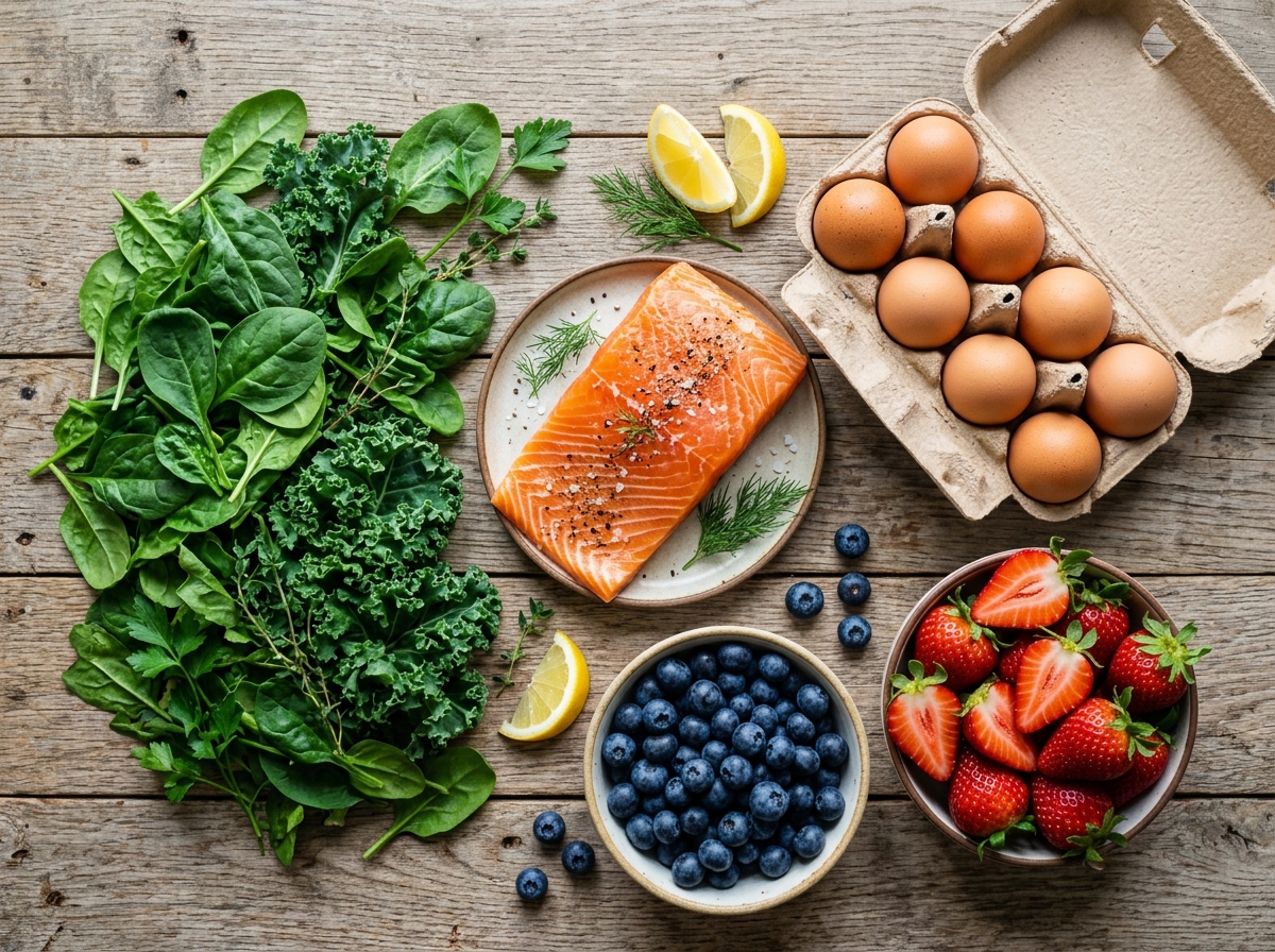 Graphic showing nutrient-dense food groups: salmon, eggs, leafy greens, and berries - healthy diet pyramid