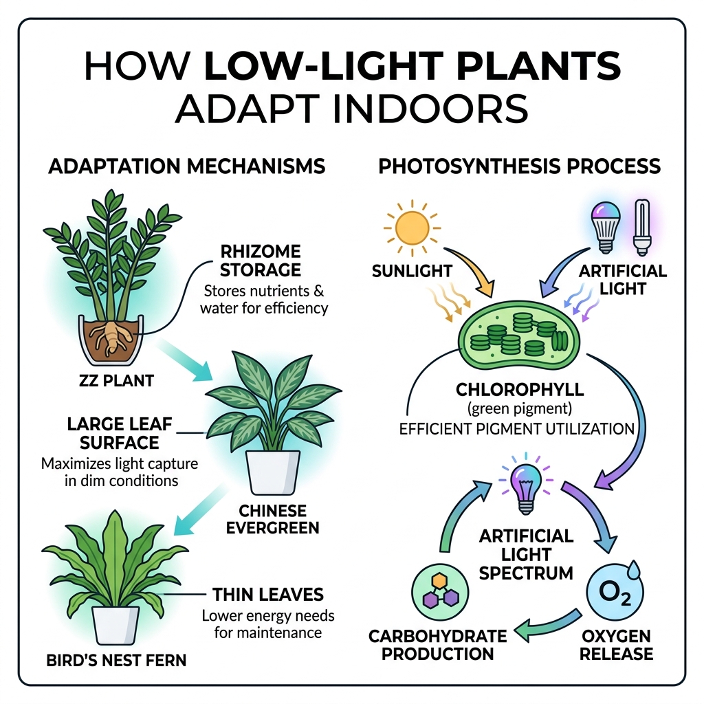 infographic showing how low-light plants adapt to indoor environments through photosynthesis and artificial light - best