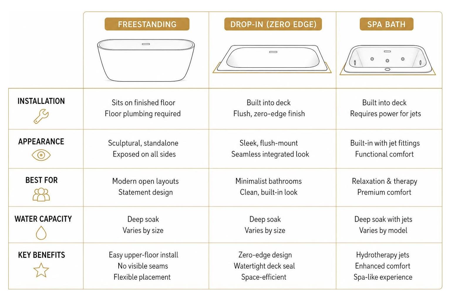 comparison of freestanding vs. drop-in vs. spa bath models