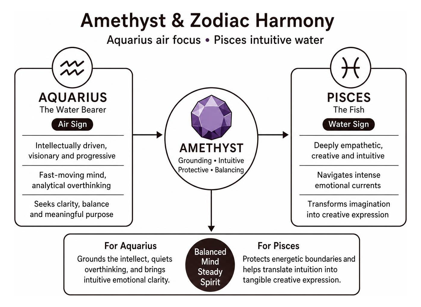 Zodiac compatibility showing Aquarius air focus and Pisces intuitive water