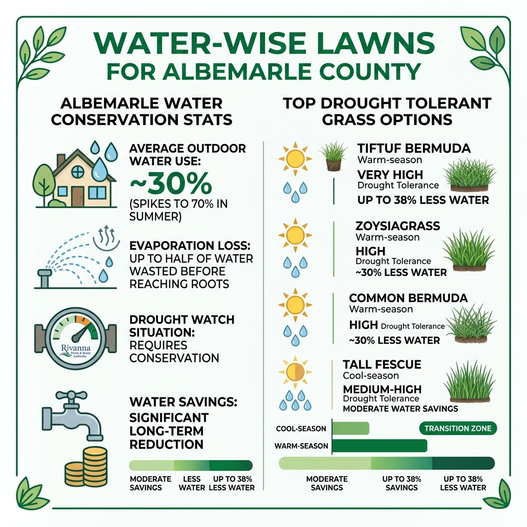 Infographic showing Albemarle water conservation stats and top drought tolerant grass options - drought tolerant turf Infographic showing Albemarle water conservation stats and top drought tolerant grass options - drought tolerant turf