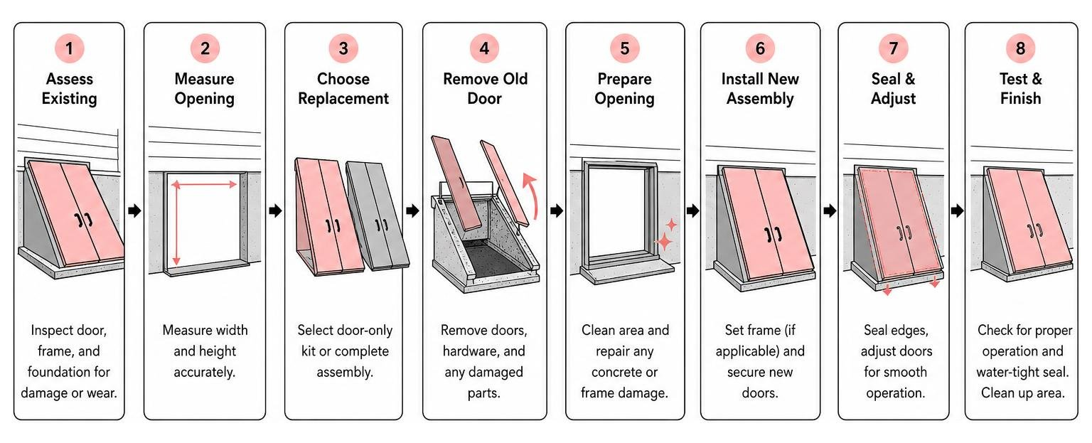 Diagram showing the process of assessing and replacing a basement bulkhead door Diagram showing the process of assessing and replacing a basement bulkhead door