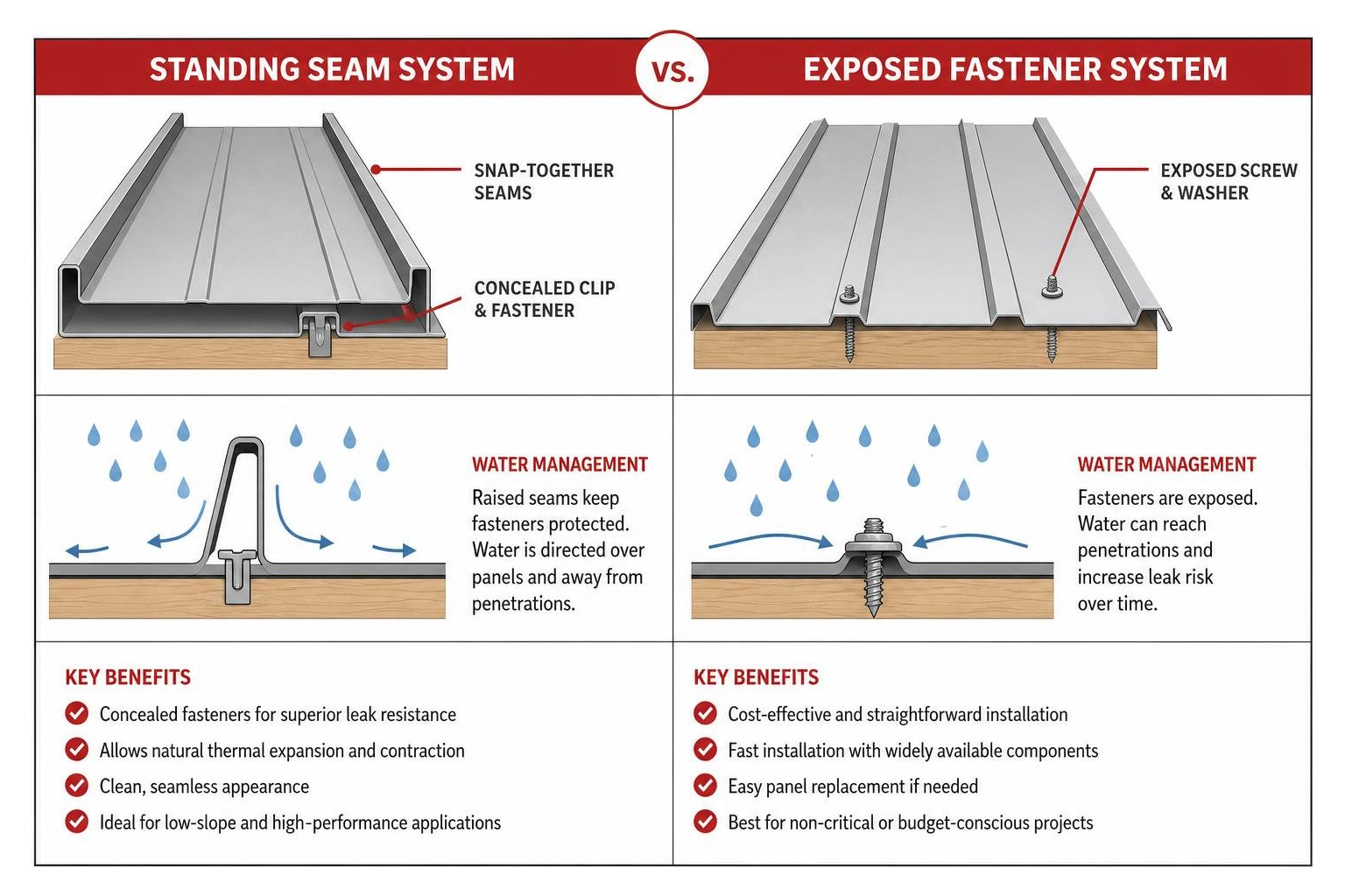 Diagram comparing standing seam vs exposed fastener metal roofing mechanisms Diagram comparing standing seam vs exposed fastener metal roofing mechanisms