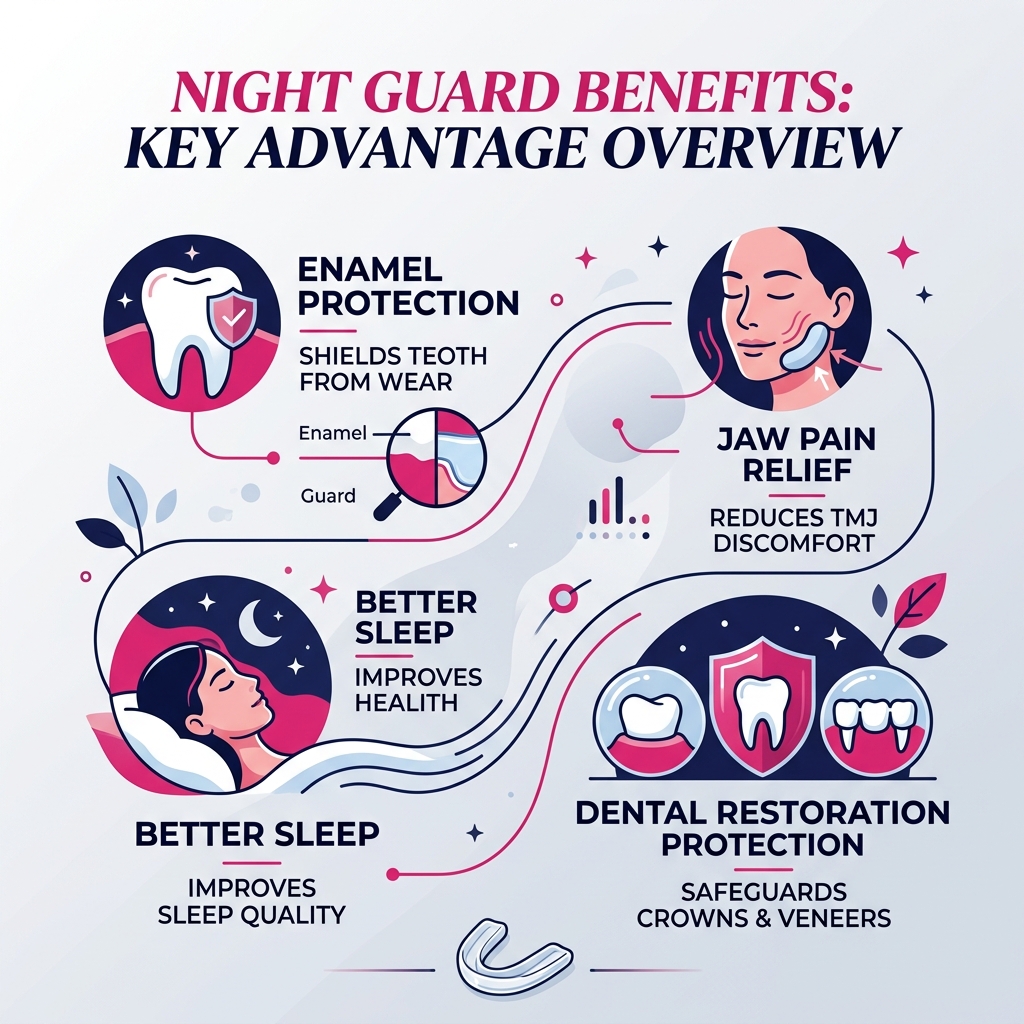 Infographic showing night guard benefits including enamel protection, jaw pain relief, better sleep, and dental restoration Infographic showing night guard benefits including enamel protection, jaw pain relief, better sleep, and dental restoration