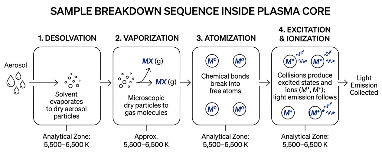 step-by-step sample breakdown sequence inside the high temperature plasma core step-by-step sample breakdown sequence inside the high temperature plasma core