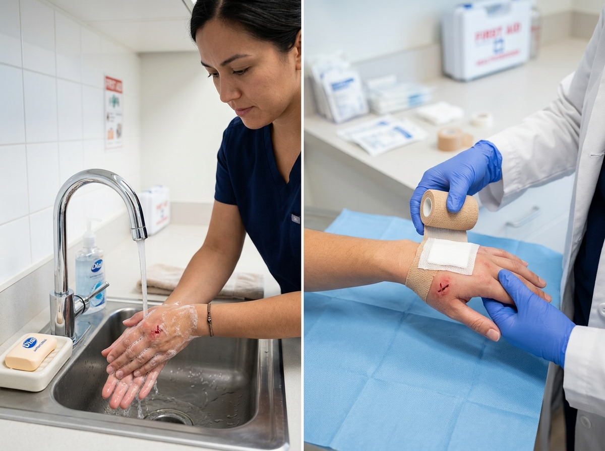 First aid being applied to a cat bite wound, including thorough washing and bandaging - cat bite injury lawyer