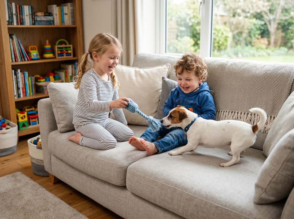 Happy children and pets playing safely on a clean organic sofa - organic couch cleaning Happy children and pets playing safely on a clean organic sofa - organic couch cleaning