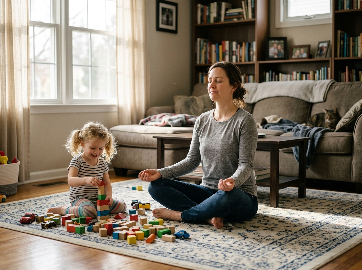 A single parent taking a moment for deep breathing while the child plays nearby - Self-care for single parents A single parent taking a moment for deep breathing while the child plays nearby - Self-care for single parents