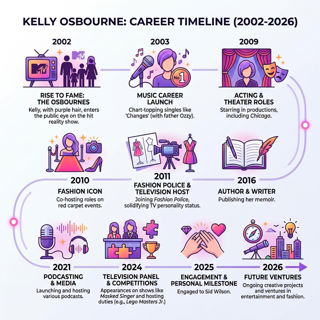 Kelly Osbourne career timeline infographic from 2002 to 2026 with key milestones - kelly osbourne infographic 