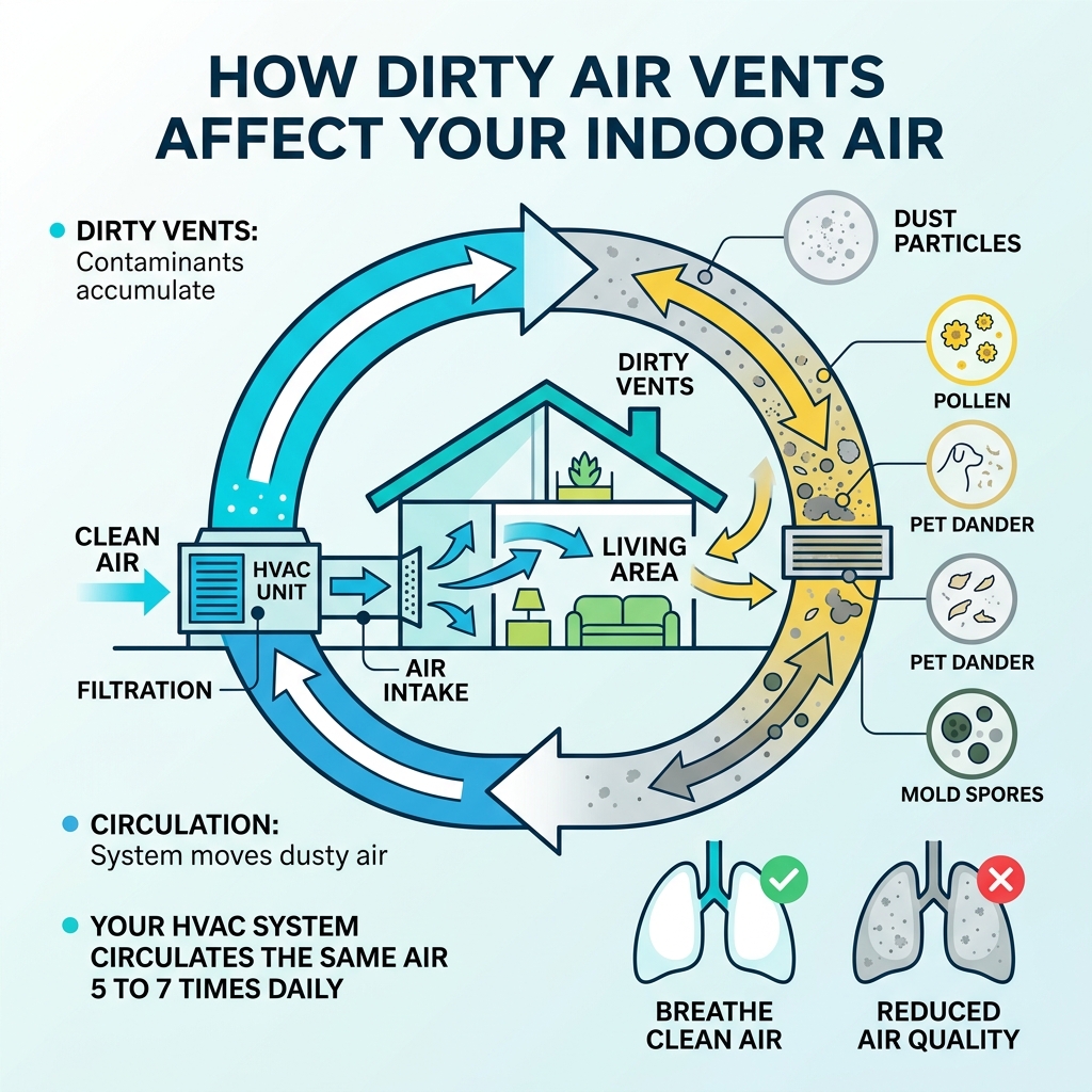 infographic showing dust particles, allergens, and HVAC air circulation cycle - how to remove dust from air vents