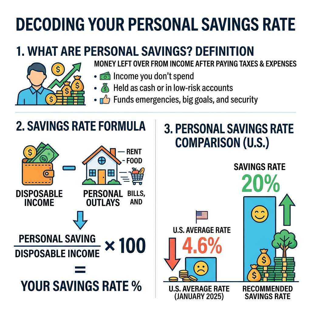 Infographic showing personal savings definition, savings rate formula, and U.S. average vs recommended rates - what are Infographic showing personal savings definition, savings rate formula, and U.S. average vs recommended rates - what are