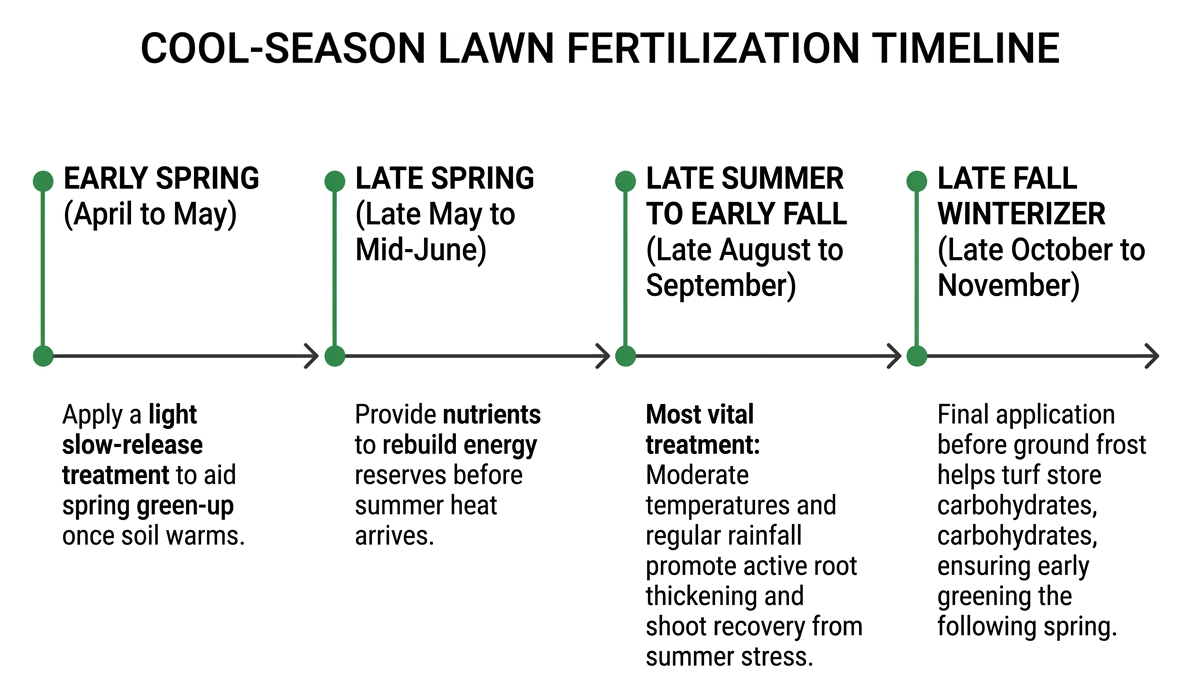 Timeline diagram of seasonal cool-season lawn fertilization dates