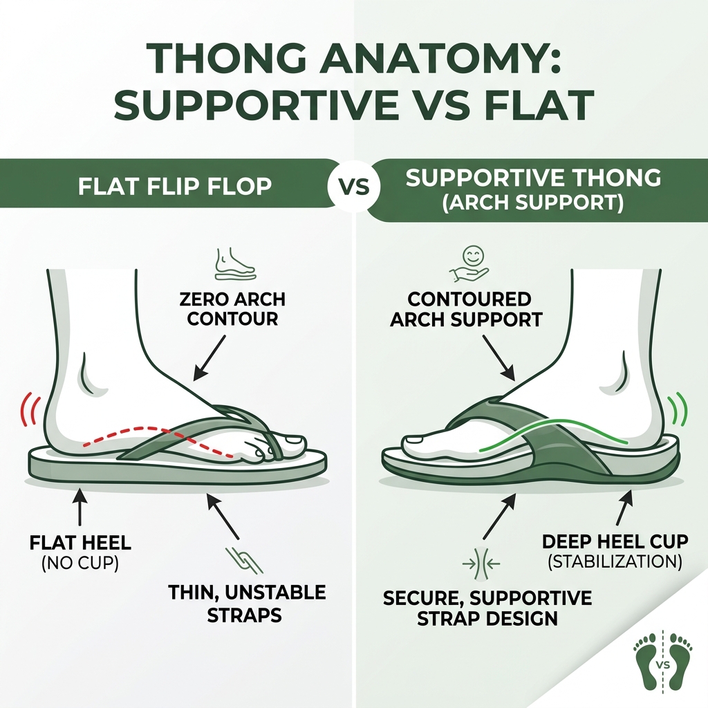 anatomy of a supportive thong versus a flat flip flop showing arch contour, heel cup, and strap design - arch support thongs