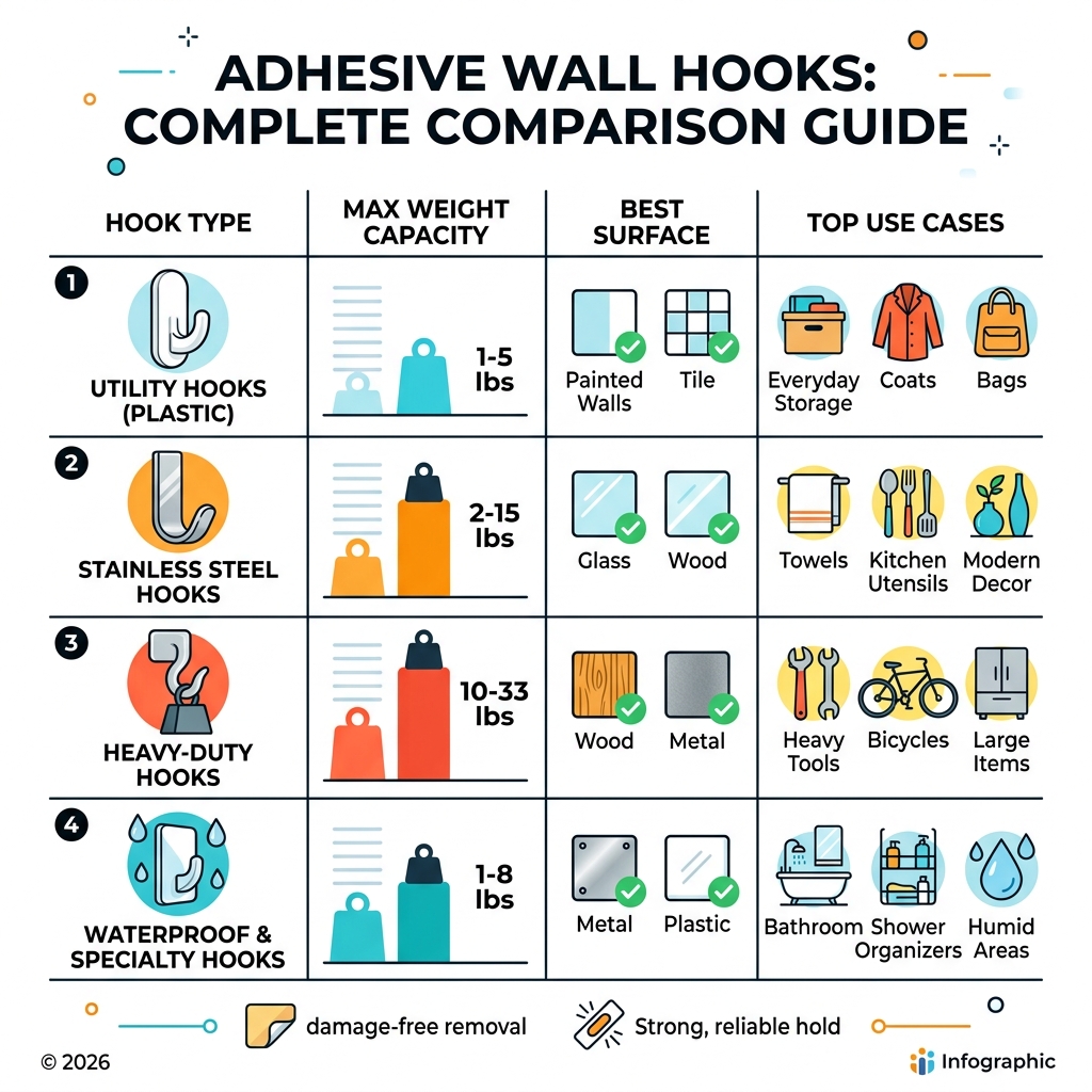 comparison infographic showing adhesive hook types, weight limits, and best surfaces - adhesive wall hooks infographic 