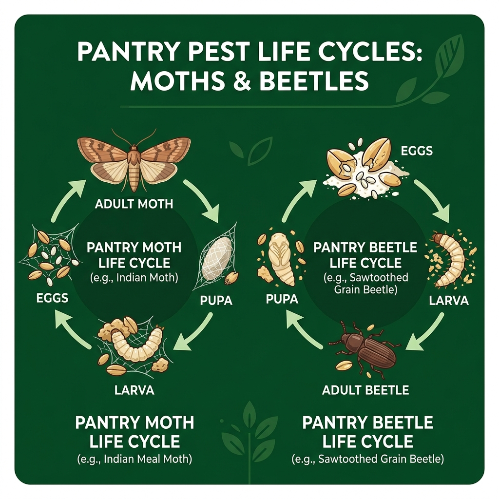 Pantry pest life cycle infographic from egg to adult showing stages for moths and beetles - Pantry pest control infographic 