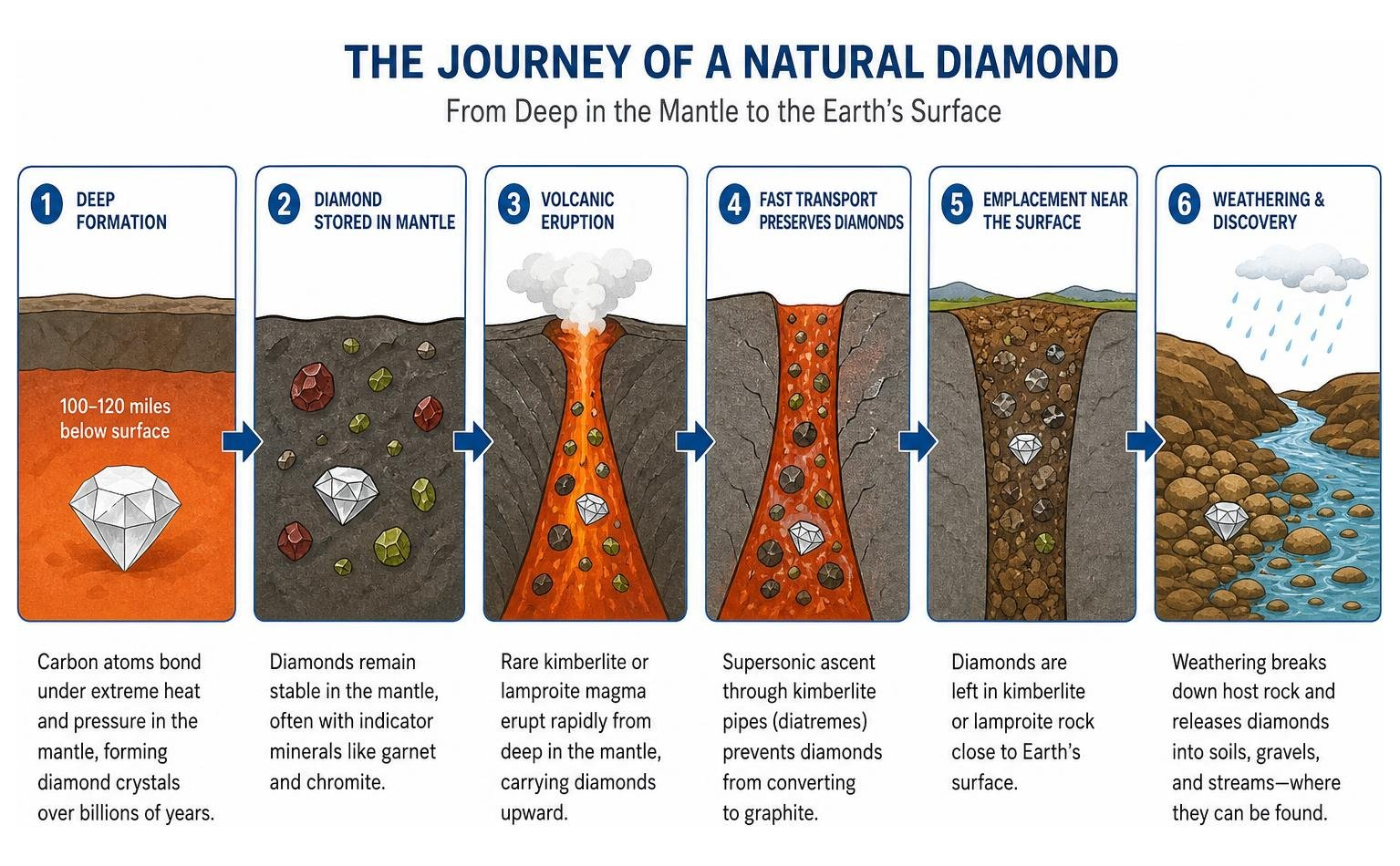 Process of natural diamond formation deep in the Earth's mantle and volcanic transport to the surface Process of natural diamond formation deep in the Earth's mantle and volcanic transport to the surface