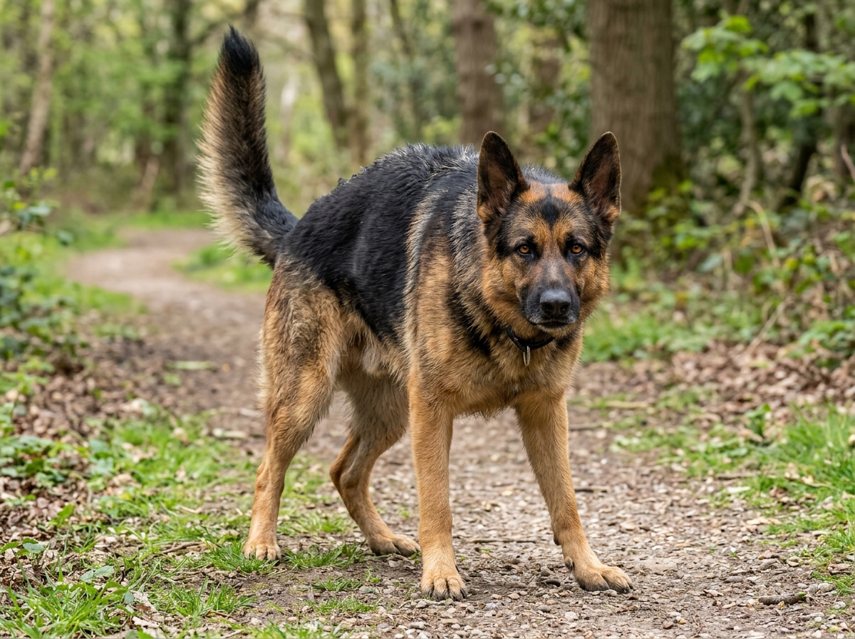 Dog showing rigid body language including a stiff tail and hard stare - canine aggression training Dog showing rigid body language including a stiff tail and hard stare - canine aggression training