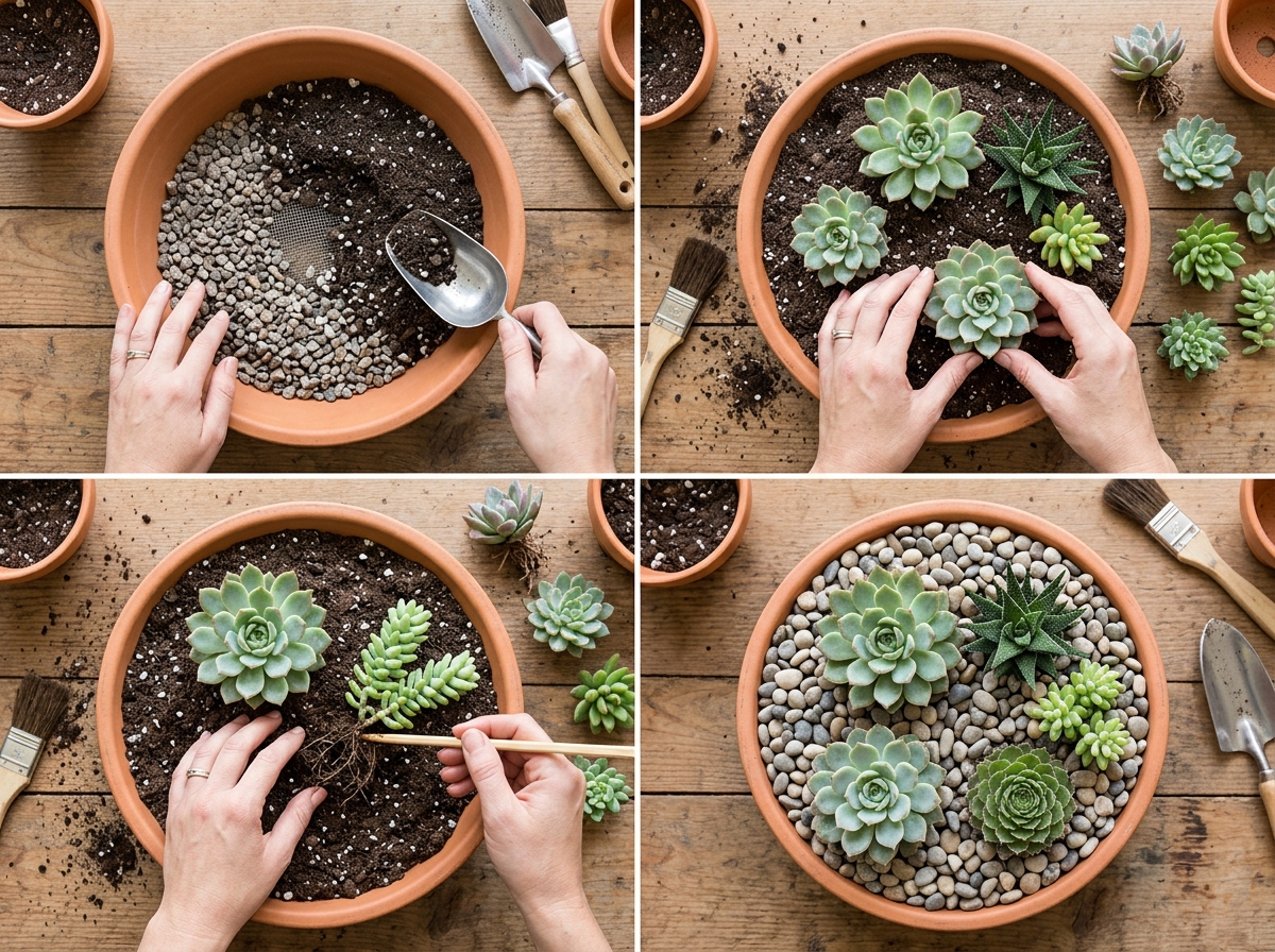 Step-by-step succulent planting process showing soil layering and plant placement - indoor succulent arrangement Step-by-step succulent planting process showing soil layering and plant placement - indoor succulent arrangement