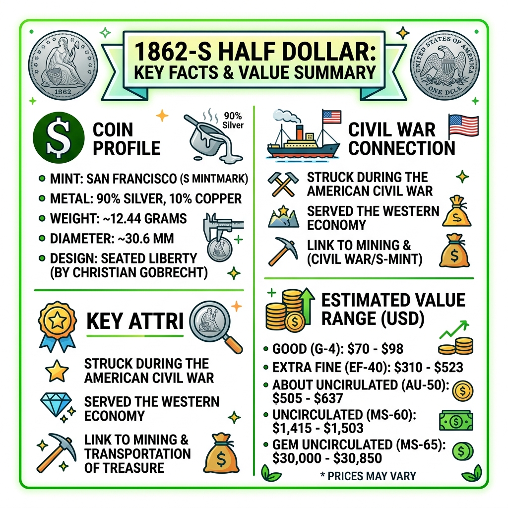 1862-S Half Dollar Key Facts and Value Summary - 1862 s half dollar infographic 1862-S Half Dollar Key Facts and Value Summary - 1862 s half dollar infographic