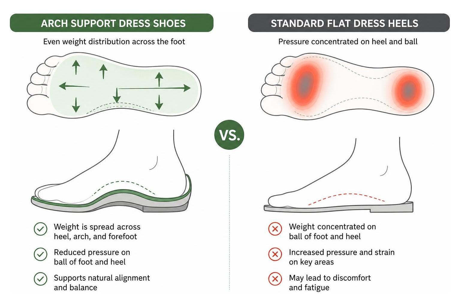 Diagram illustrating how weight is distributed across the foot in supportive dress shoes versus standard flat dress heels