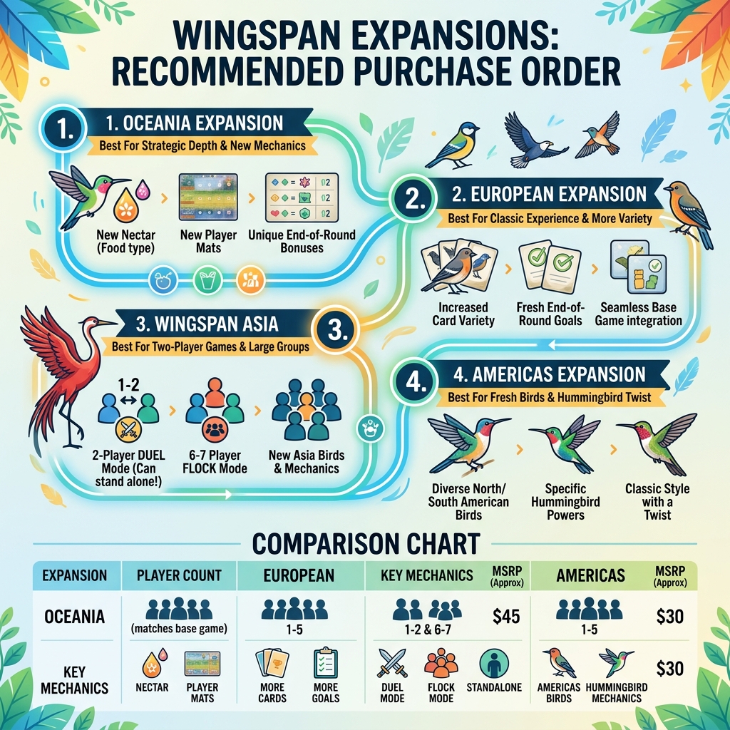 Wingspan expansions comparison infographic showing player counts, key mechanics, and recommended purchase order - best Wingspan expansions comparison infographic showing player counts, key mechanics, and recommended purchase order - best
