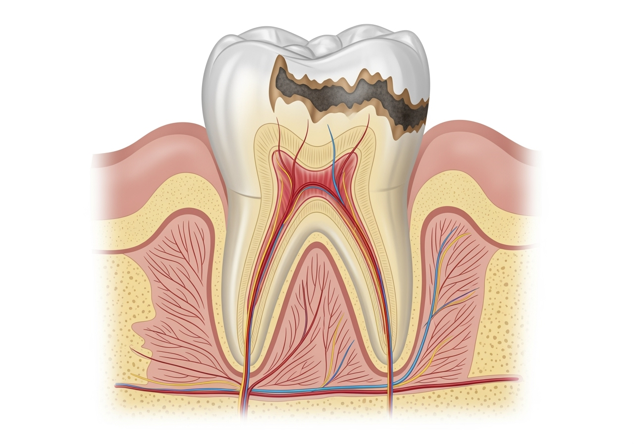 diagram showing a cross-section of a tooth with decay reaching the dentin - dental filling restoration