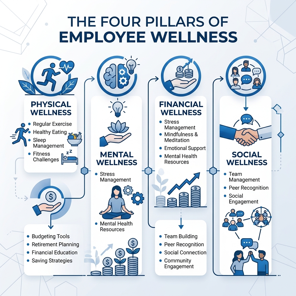 Infographic showing the four pillars of employee wellness: Physical, Mental, Financial, and Social - employee wellness app
