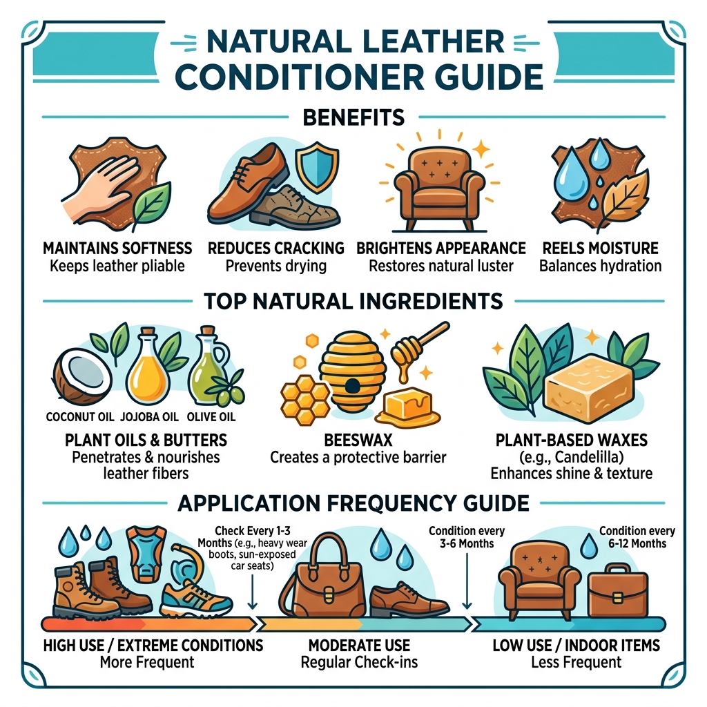 Infographic showing natural leather conditioner benefits, top ingredients, and application frequency guide - non toxic