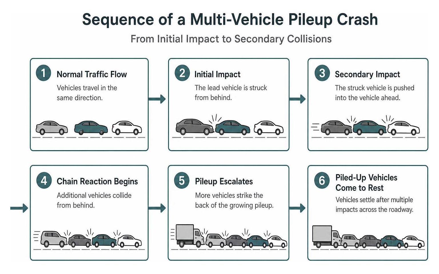 Sequence of a multi-vehicle pileup crash from initial impact to secondary collisions