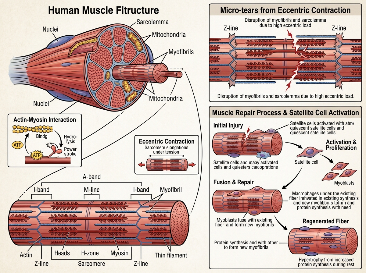 Diagram showing muscle fiber anatomy and how micro-tears lead to growth during rest - can you build muscle at home without Diagram showing muscle fiber anatomy and how micro-tears lead to growth during rest - can you build muscle at home without