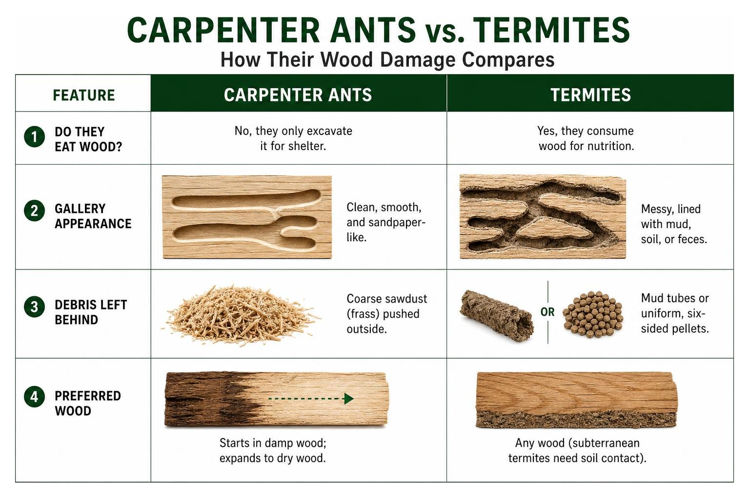 diagram comparing carpenter ant galleries vs termite tunnels