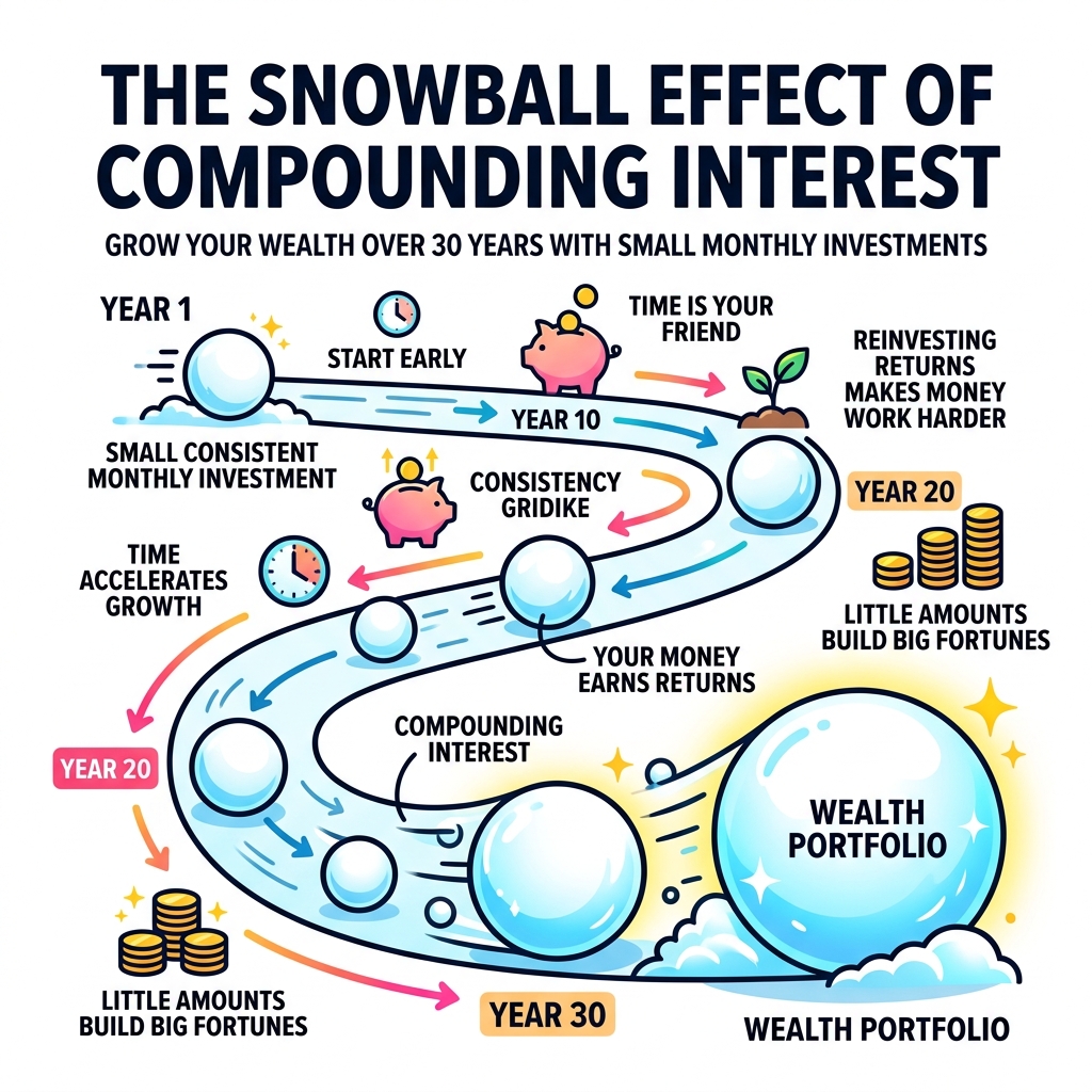 Snowball effect of compounding interest over 30 years with small monthly investments - how to make money investing small