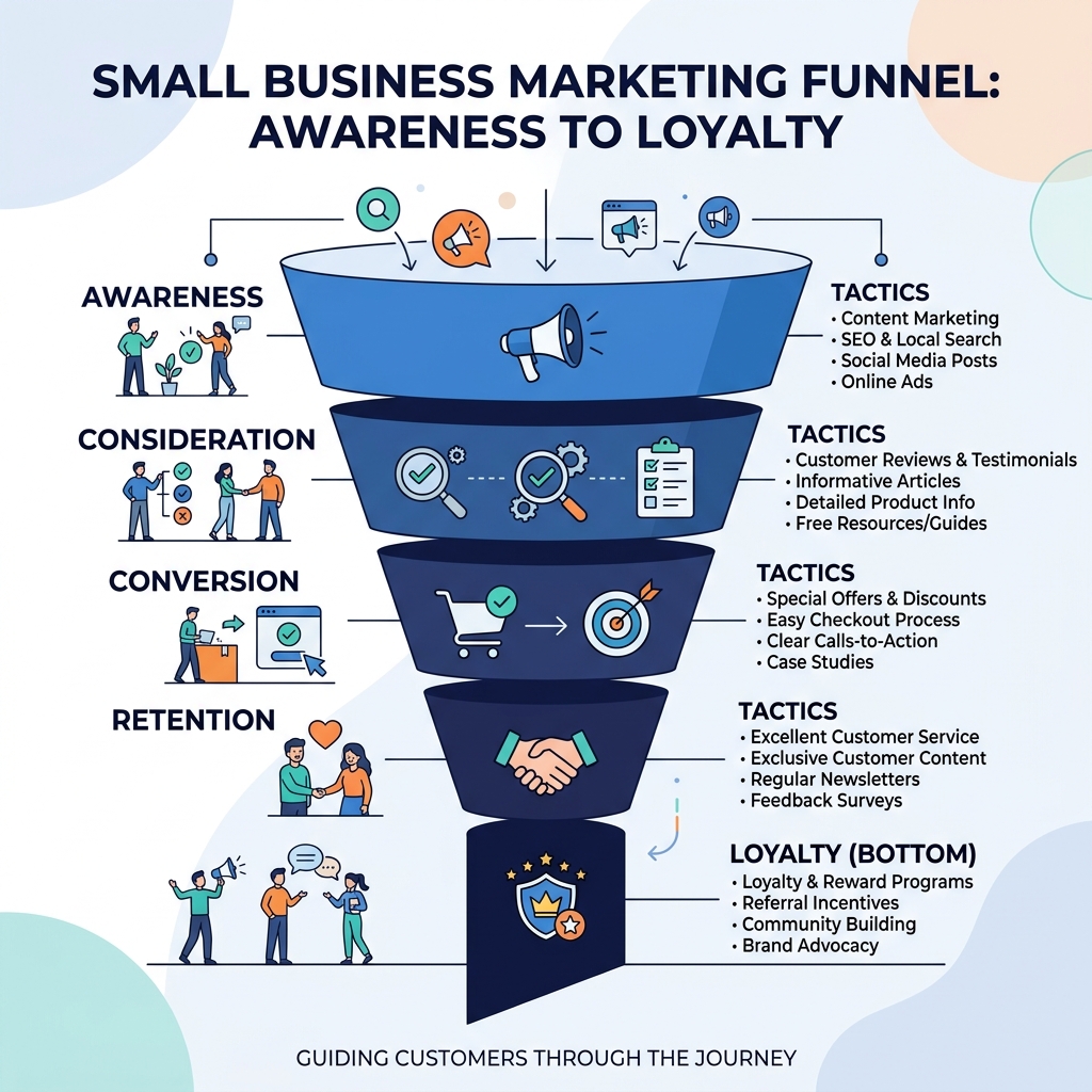 Small business marketing funnel from awareness to loyalty with key stages and tactics - small business marketing infographic Small business marketing funnel from awareness to loyalty with key stages and tactics - small business marketing infographic
