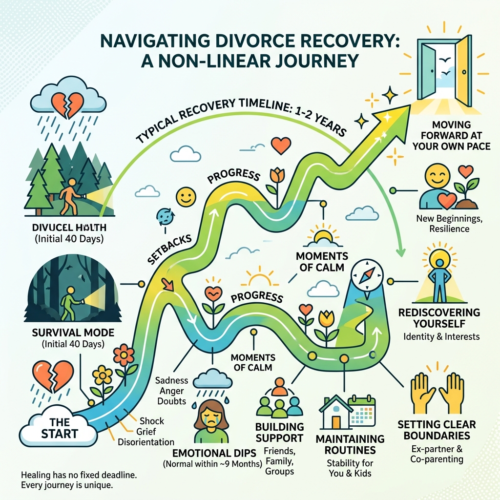 Non-linear path of divorce emotional recovery showing stages, setbacks, and progress over time - divorce emotional healing
