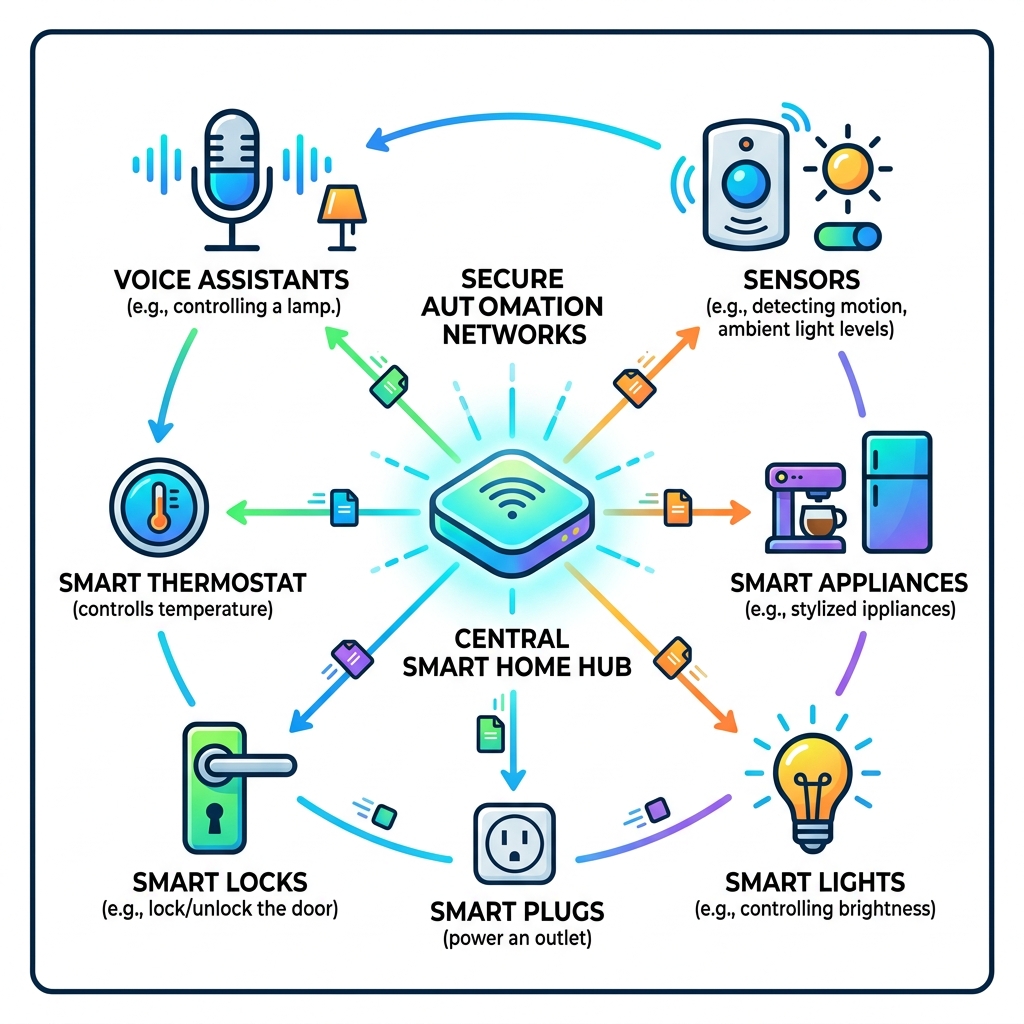 how smart home hubs connect sensors, voice assistants, lights, locks, and appliances - smart device automation ideas