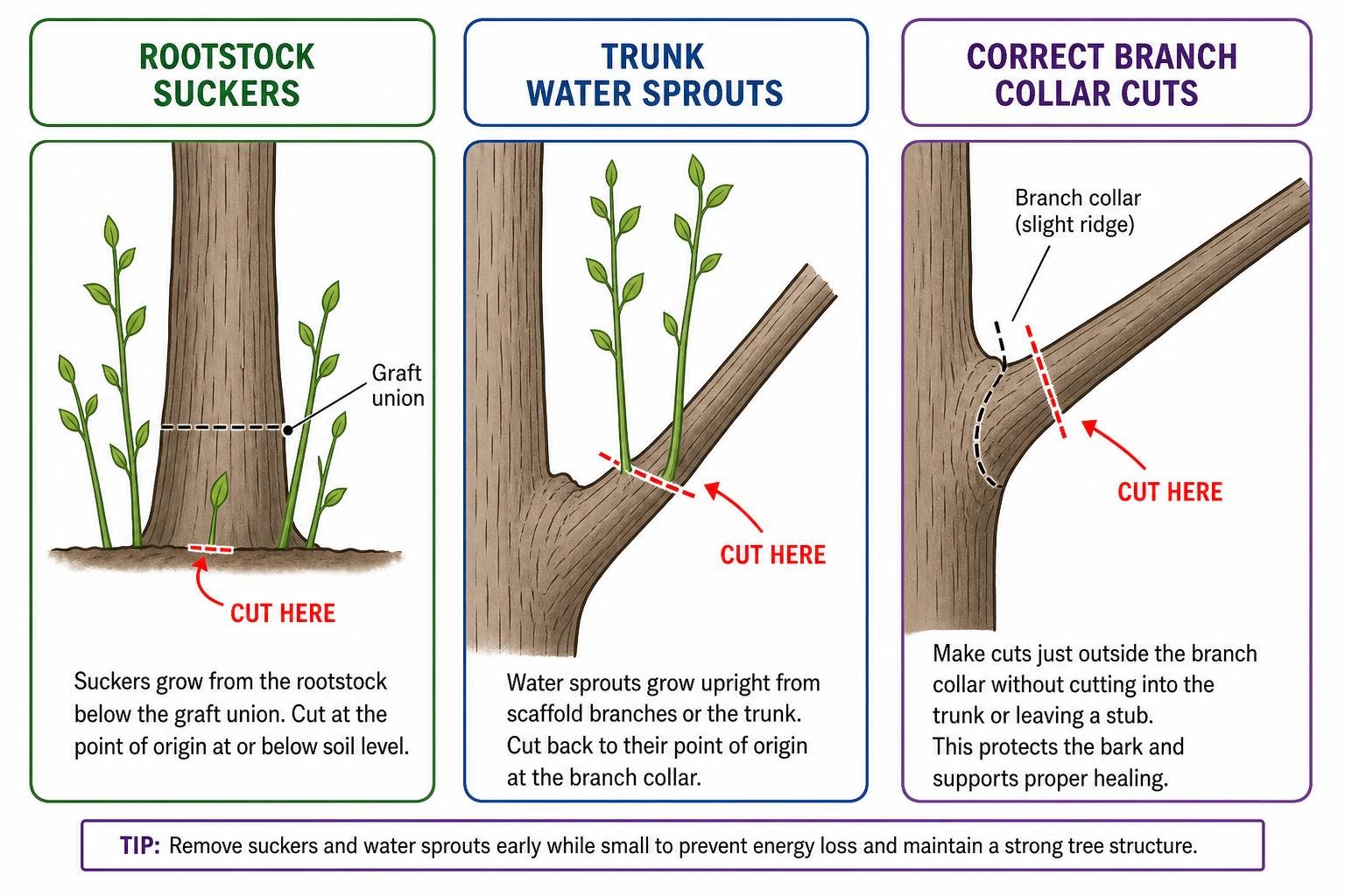 Diagram showing rootstock suckers, trunk water sprouts, and correct branch collar cuts