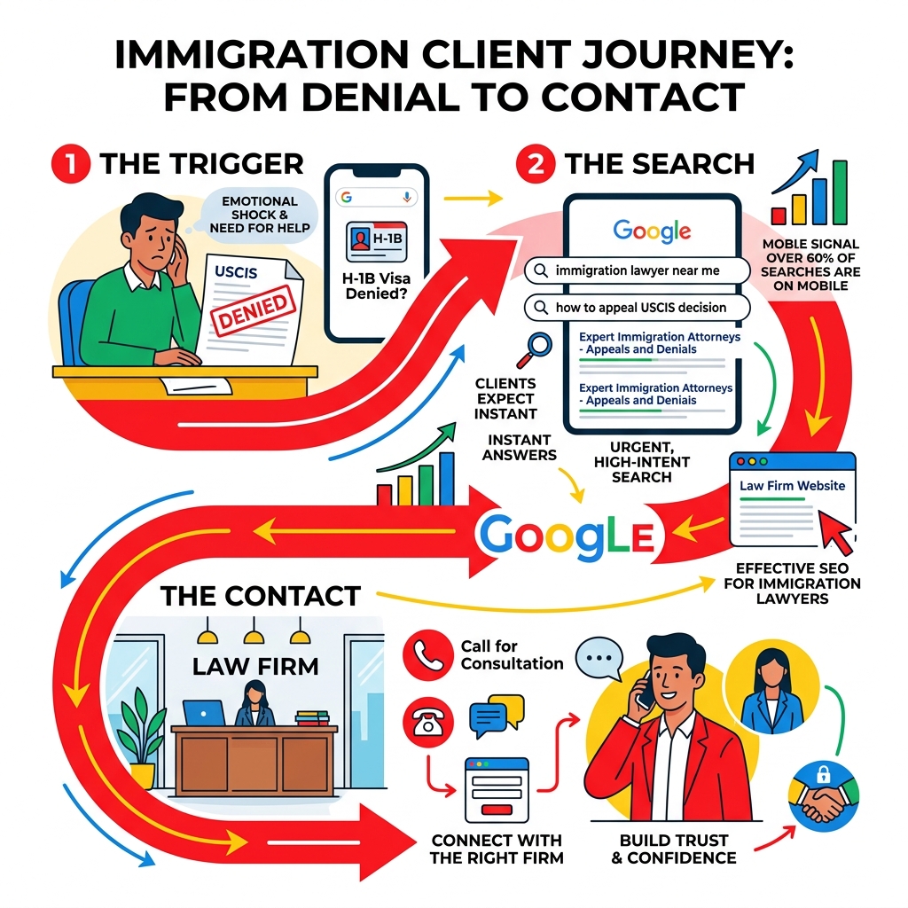 Infographic showing the immigration client search journey from USCIS denial to Google search to law firm contact - seo for immigration lawyers Infographic showing the immigration client search journey from USCIS denial to Google search to law firm contact - seo for immigration lawyers