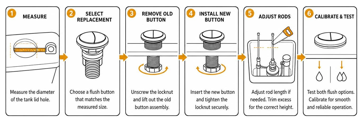 flush button replacement process flowchart from measuring to installing and calibrating
