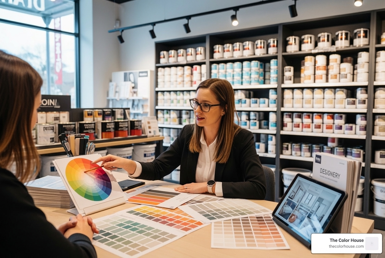 A design expert at The Color House helping a customer choose a color palette, with various paint swatches and color wheels on display - big paint shop near me