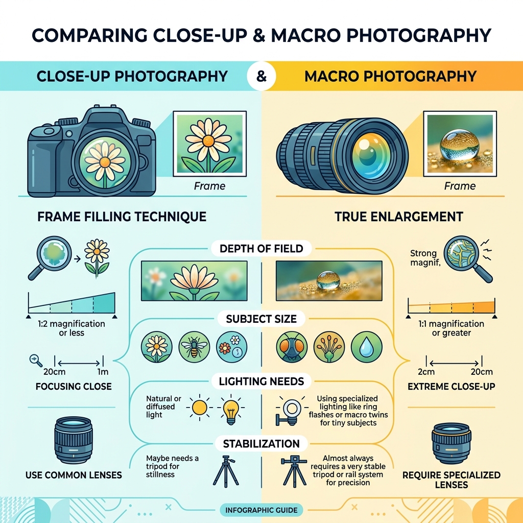 Infographic comparing close-up photography vs macro photography techniques and key differences - close up composition Infographic comparing close-up photography vs macro photography techniques and key differences - close up composition